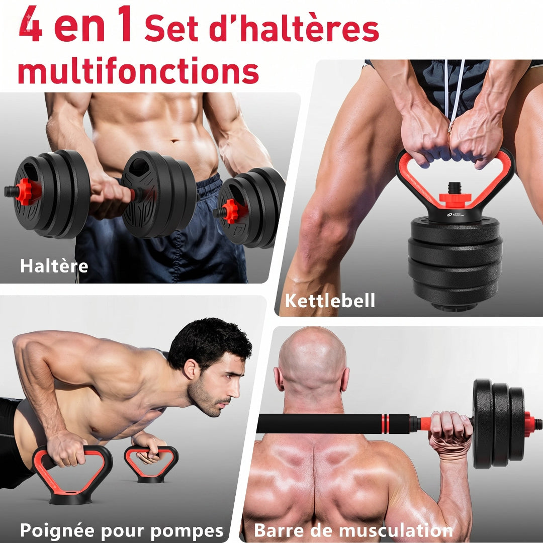 Kit haltères ajustables 20kg 4-en-1